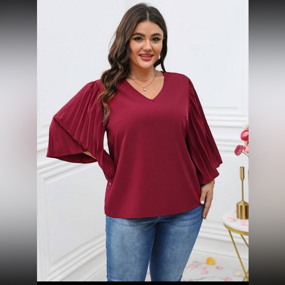 Boutique Women's V-Neck Pleated Sleeve Top - Wine